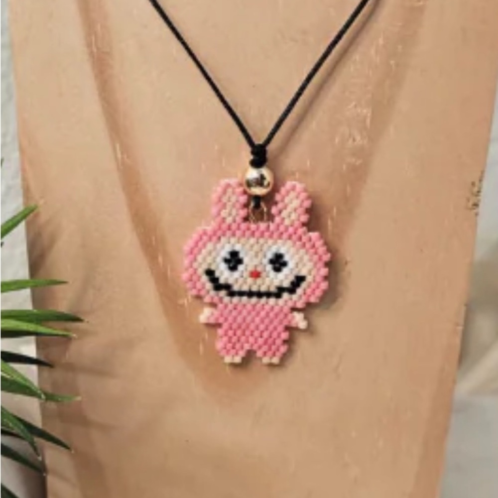 Handmade Pink Beaded Labubu Pendant Necklace